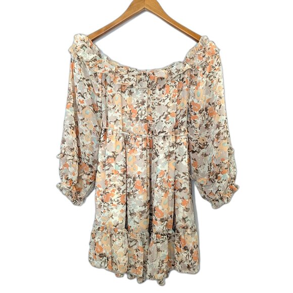 NWT Petal & Pup | Off The Shoulder Beige Floral Boho Mini Dress | Size 6 - Picture 8 of 13